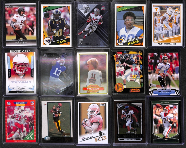Huge Lot of Over 700 Football Rookie Cards (Mahomes, Kamara, OBJ, Favre, Gurley, ...) in Full 2-Row Box