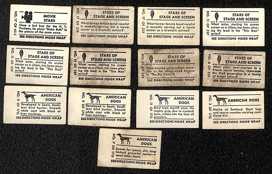 Lot of (13) 1948 Topps Magic Cards - Bendix Babe Ruth Story, (7) Actors/Actresses, (5) Dogs