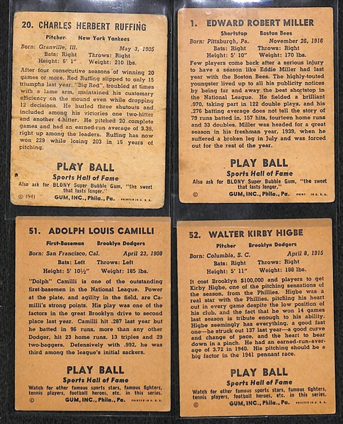 1941 Playball Lot of (4) w/ Red Ruffing (HOF), E. Miller (Card #1), Dolph Camilli, K. Higbe