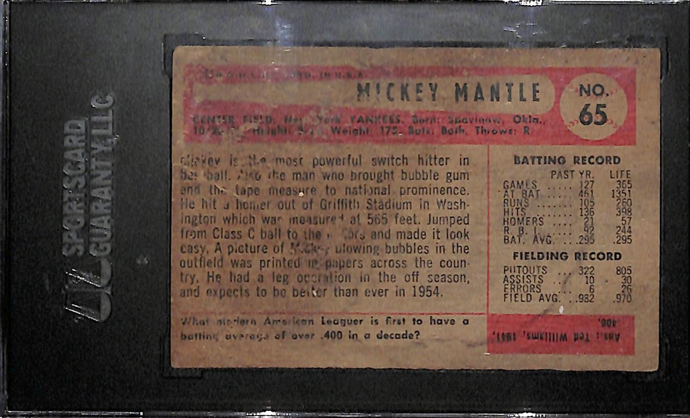 1954 Bowman Mickey Mantle Baseball Card (#65) Graded SGC Authentic