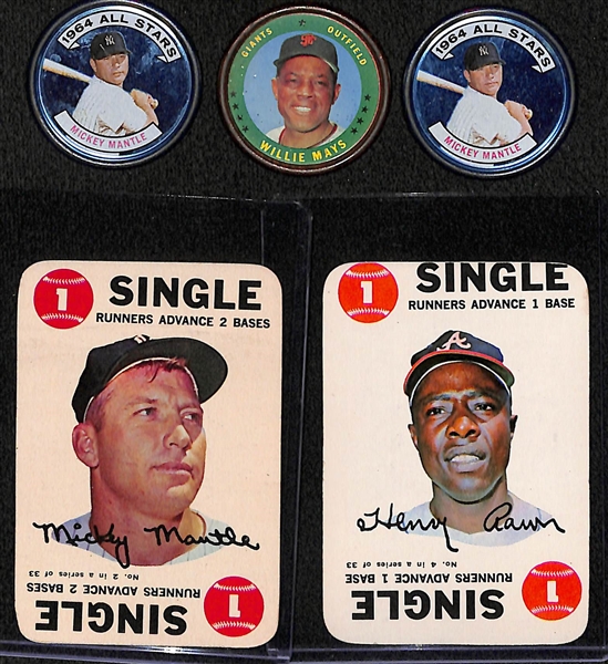 Lot of Mantle/Mays/Aaron w/ (2) 1964 Topps Mantle Coins, 1964 Mays Coin, 1968 Mantle and Aaron Game Cards