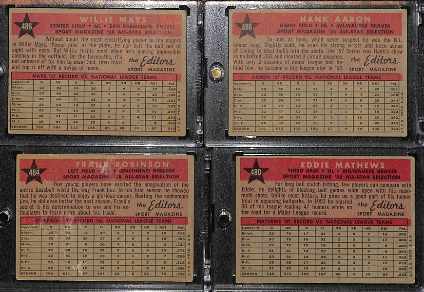 1958 Topps Lot of (4) All-Star Cards (Mays, Aaron, F. Robinson, E. Matthews)