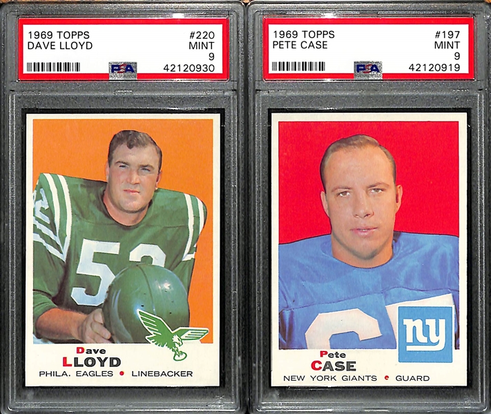 Lot of (2) PSA 9 Mint 1969 Football Cards - Dave Lloyd # 220 (Eagles) and Pete Case #197 (Giants)