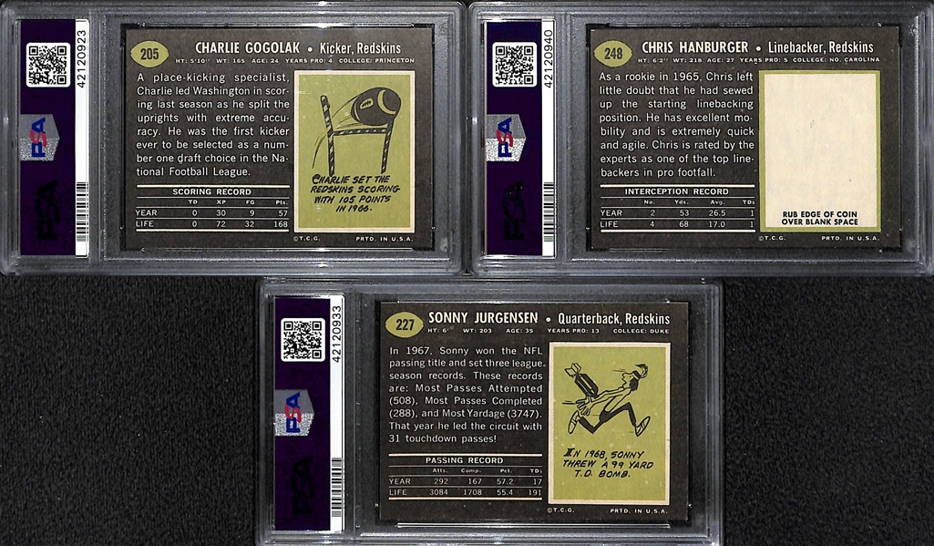 Lot of (3) 1969 Topps Redskins FB Cards - Gogolak #205 PSA 9 Mint, Hanburger PSA 7.5, and Jurgensen PSA 7 NM