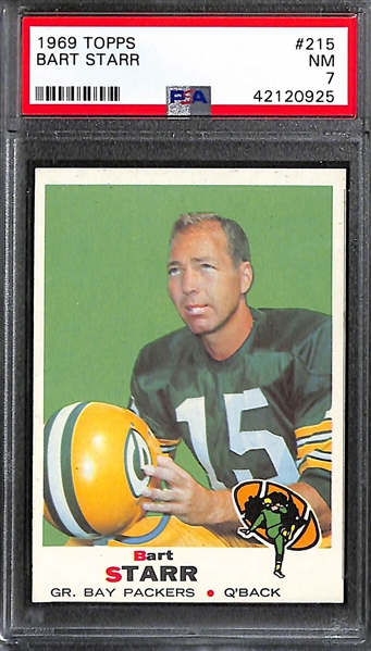 Lot of (3) Pack-Fresh PSA 7 (NM) 1969 Football Cards - Bart Starr #215 (Packers), Craig Morton #235 (Cowboys), M. Curtis #229 (Colts)