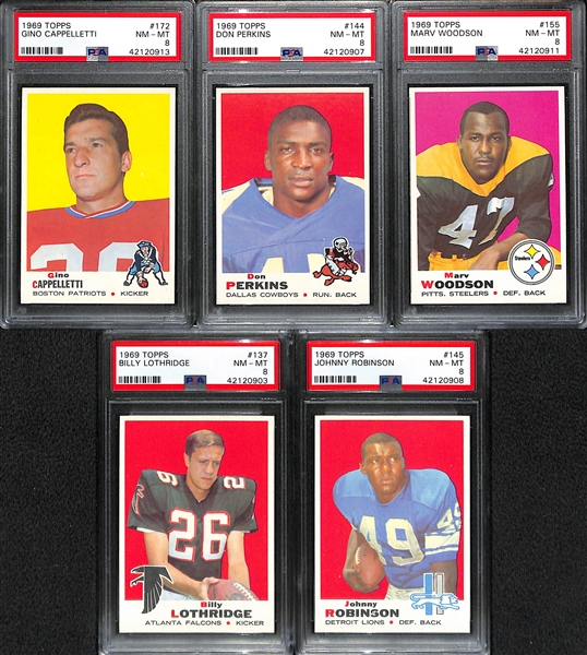 Lot of (5) Pack-Fresh PSA 8 (NM-MT) 1969 Cards w/ G. Cappelletti, Don Perkins, Woodson, Lothridge, J. Robinson.