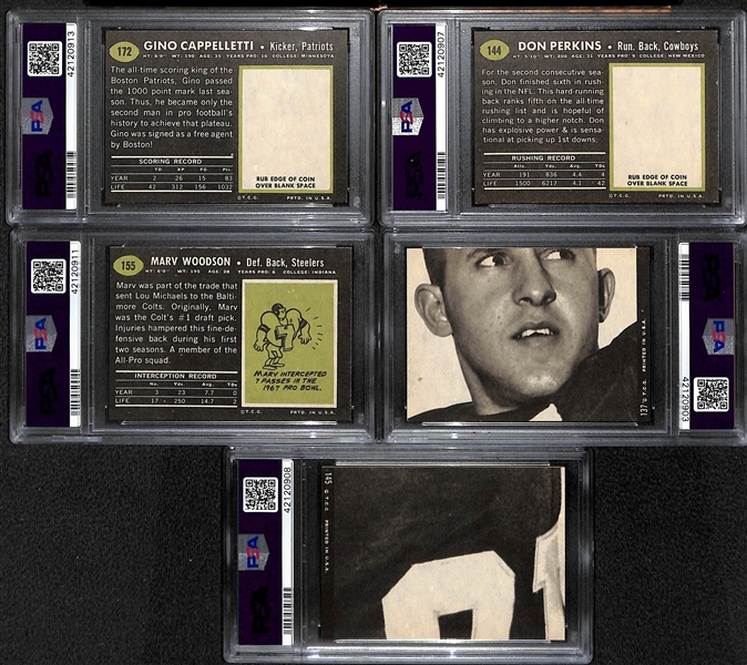 Lot of (5) Pack-Fresh PSA 8 (NM-MT) 1969 Cards w/ G. Cappelletti, Don Perkins, Woodson, Lothridge, J. Robinson.