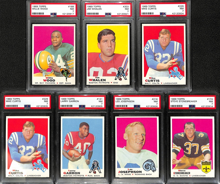 Lot of (7) Pack-Fresh PSA 7 (NM) 1969 Cards - W. Wood, Whalen, (2) M. Curtis, Garron, Stonebreaker, Josephson
