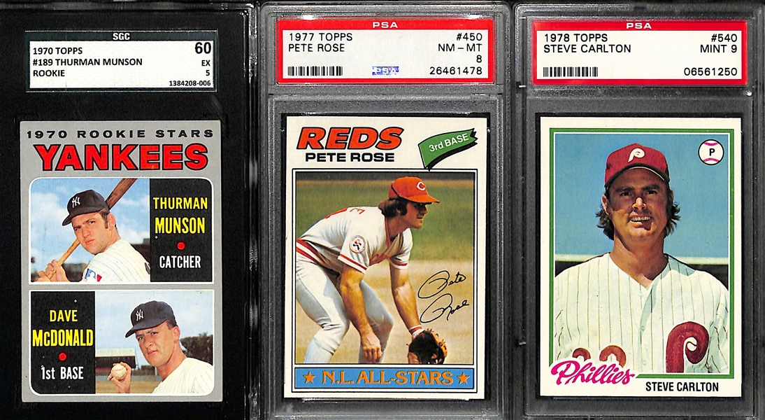(3) 1970s Graded Baseball Cards - 1970 Munson Rookie SGC 60, 1977 Pete Rose PSA 8, 1978 Steve Carlton PSA 9