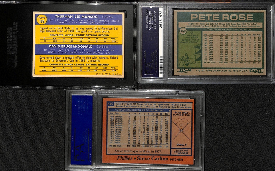 (3) 1970s Graded Baseball Cards - 1970 Munson Rookie SGC 60, 1977 Pete Rose PSA 8, 1978 Steve Carlton PSA 9