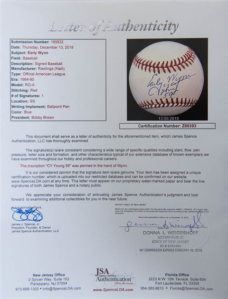 Early Wynn Signed & Inscribed Baseball w/ RARE Cy Young 59 Inscription - JSA LOA