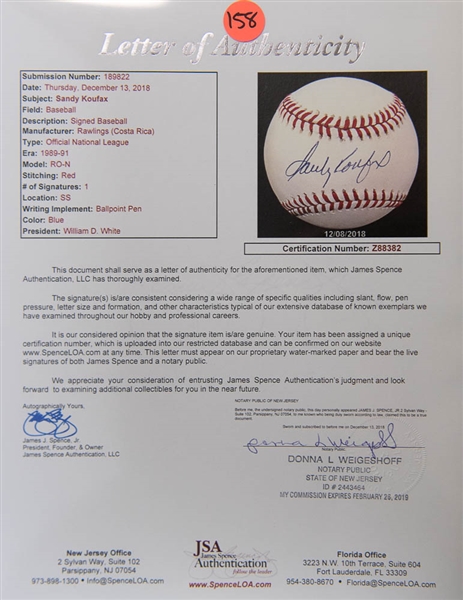 Sandy Koufax Signed National League Baseball - JSA LOA