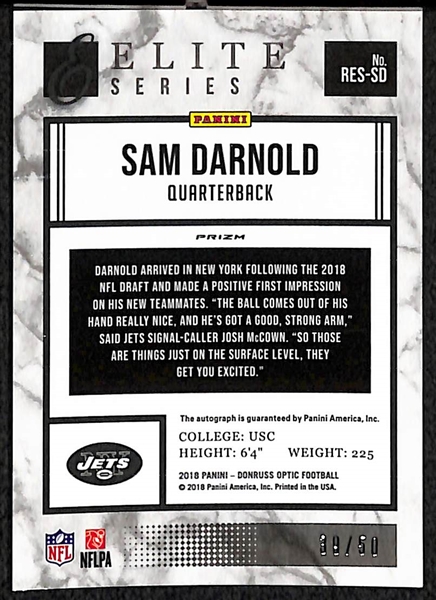 2018 Donruss Optic Sam Darnold Elite Series 39/50 Blue Autograph Rookie Card