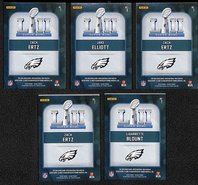 Lot of (5) 2018 Panini Black Friday Eagles Super Bowl Game Used Football Relic Cards