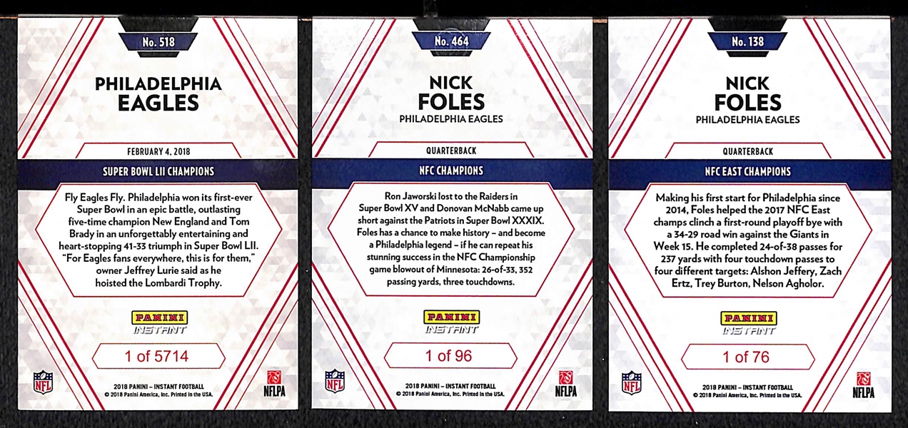 Lot of 3 Panini Instant Eagles Card Sets - Super Bowl/NFC Champs/NFC East Champs