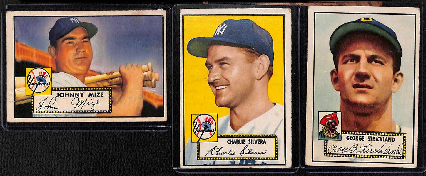 Lot of (3) 1952 Topps Baseball Cards w/ Johnny Mize, Silvera, and Strickland