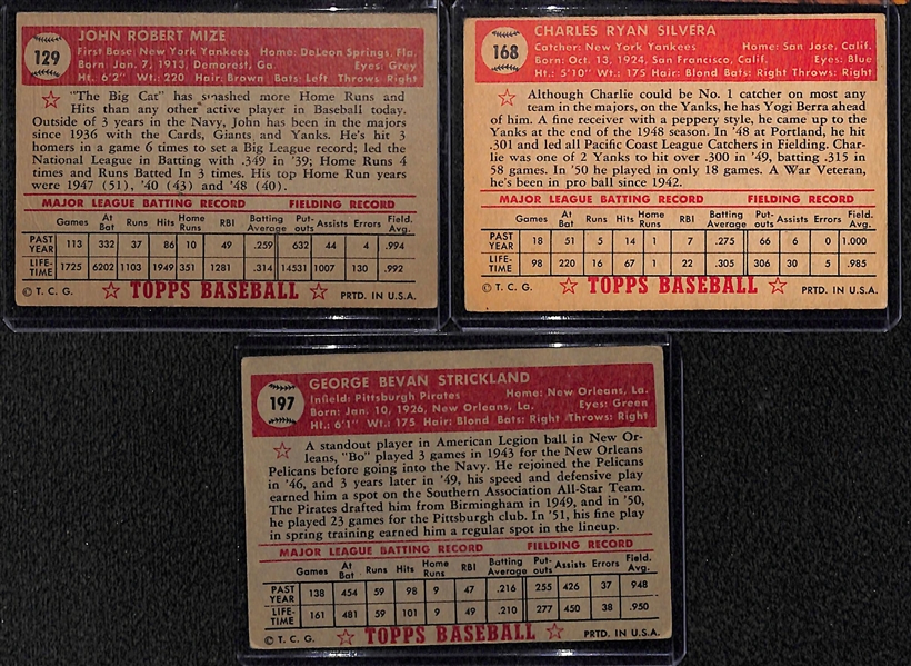 Lot of (3) 1952 Topps Baseball Cards w/ Johnny Mize, Silvera, and Strickland