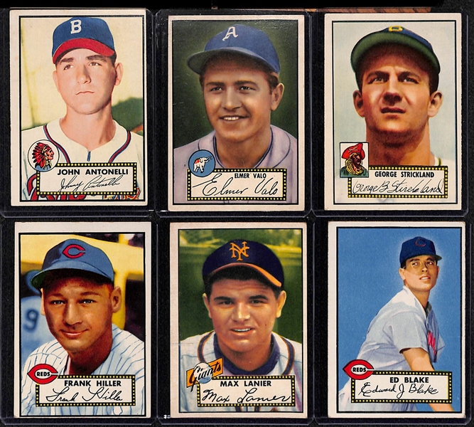 Lot of (6) 1952 Topps Baseball Cards w/ Antonelli, Valo, Strickland, Hiller, Lanier, Blake