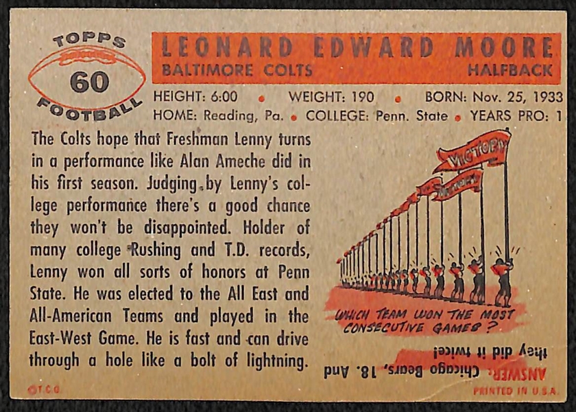 1956 Topps Football Lenny Moore Rookie Card (#60)