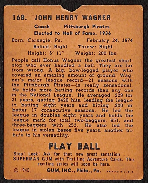 1940 Playball #168 Honus Wagner Card