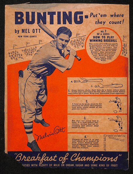 Lot of 2 1936 Wheaties Box Backs - Mel Ott & Bill Dickey