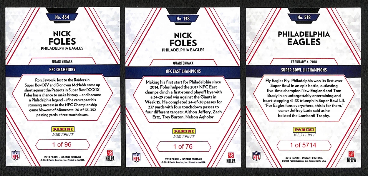 Lot of 3 Panini Instant Eagles Card Sets - Super Bowl/NFC Champs/NFC East Champs
