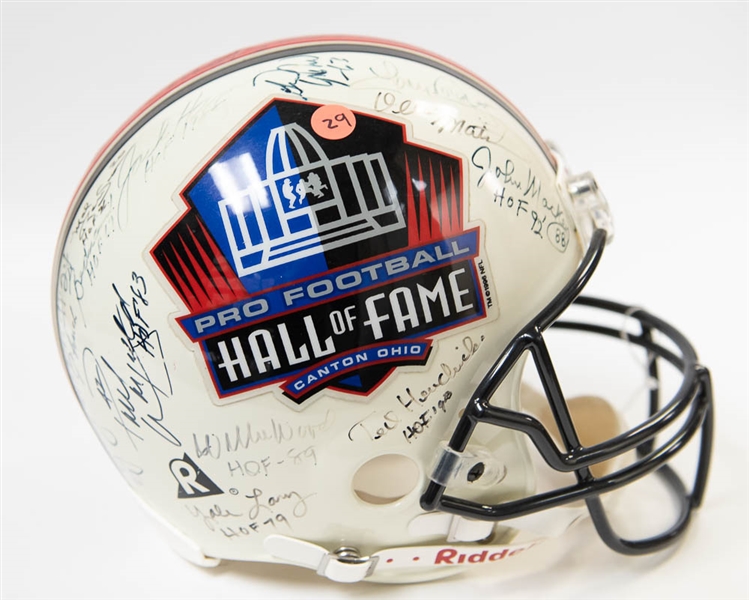 Full Size HOF Football Helmet Signed by 28 Hall of Famers (inc. Jim Brown, Lawrence Taylor, Dorsett, Sayers, and 24 more!) w. JSA LOA