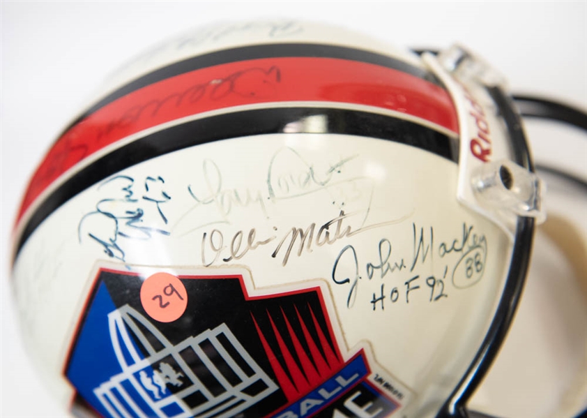 Full Size HOF Football Helmet Signed by 28 Hall of Famers (inc. Jim Brown, Lawrence Taylor, Dorsett, Sayers, and 24 more!) w. JSA LOA