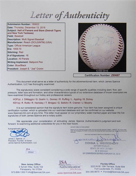 1960s Vintage HOFer & Star Signed OAL Baseball w. 16 Autographs (inc. Goose Goslin, Joe DiMaggio, L. Gomez, R. Ruffing, L. Appling, B. Dickey, R. Rolfe,+) - JSA LOA