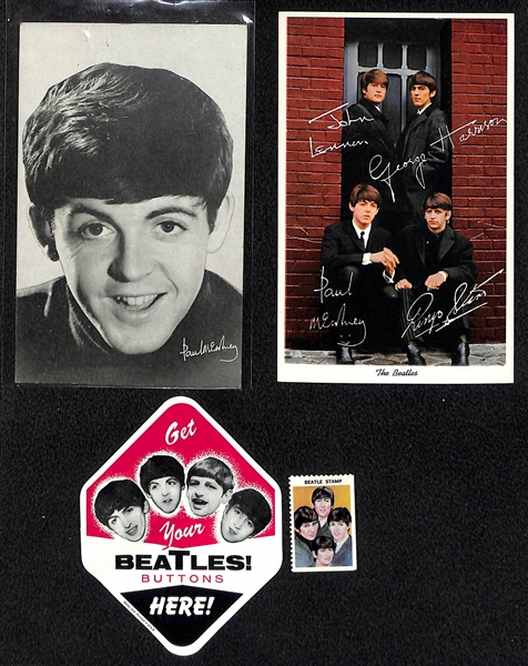 Rare Lot of Beatles Items w/ 1964 Exhibit (McCartney), 1964 Postcard, Bubblegum Machine Sticker Ad, and Stamp) 