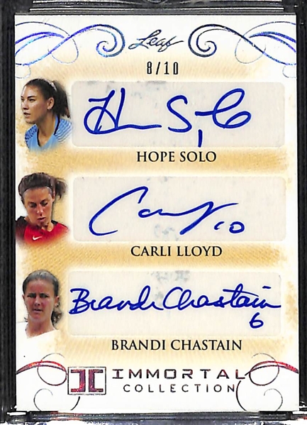 2018 Leaf Immortal Hope Solo/Carli Lloyd/Brandi Chastain Triple Autograph Card 8/10