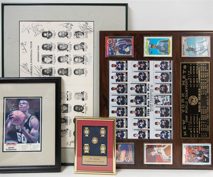 Lot of Framed Photo/Pin Displays & All-America Football Team Signed Booklet w. John Wooden/Bill Walton Signed Display - JSA