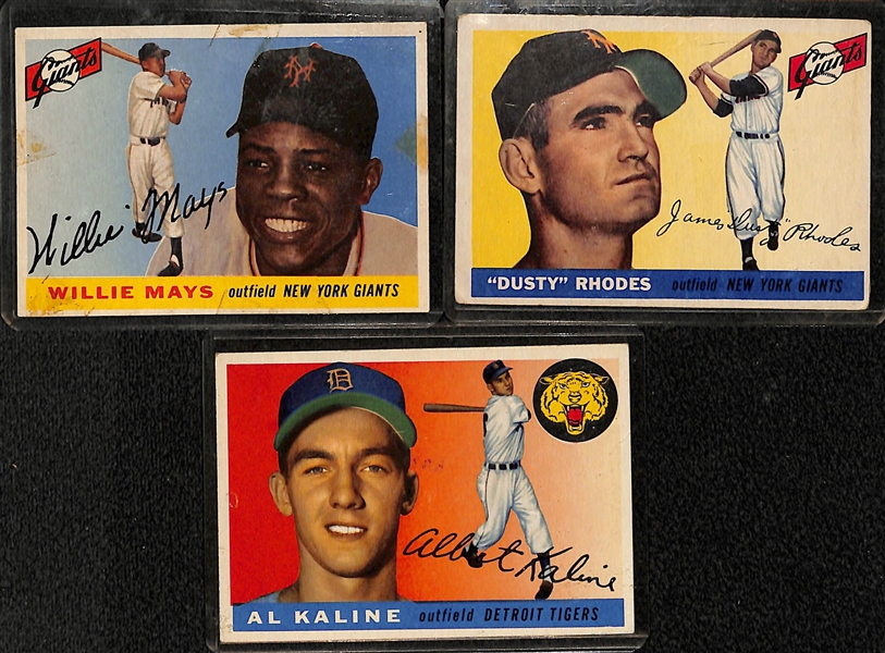 Lot of 3 1955 Topps Cards - Willie Mays, Al Kaline, and D. Rhodes (Card #1)