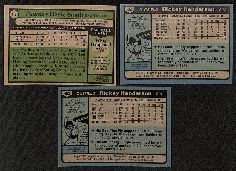 Lot of 3 HOF Rookie Cards w. Ozzie Smith & Rickey Henderson