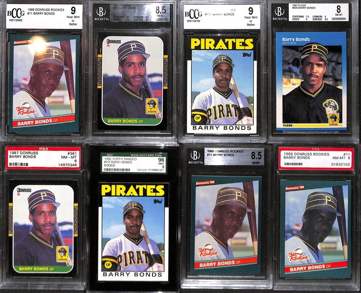 Lot of 33 Barry Bonds Rookie Cards w. 13 Graded Examples - Beckett, PSA, SGC - 8, 8.5, & 9