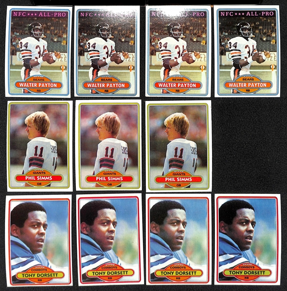 Lot of 1500+ Assorted 1980 Topps Football Cards w. Payton x4