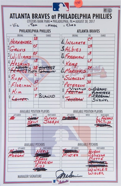 2017 Phillies vs. Braves Game Used Lineup Card (Hoskins Rookie Year) - MLB COA