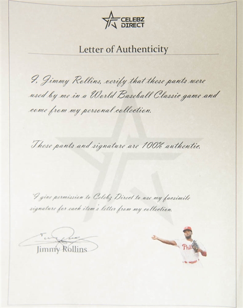 Jimmy Rollins Signed & Game Worn 2009 World Baseball Classic Grey Pants - Rollins COA