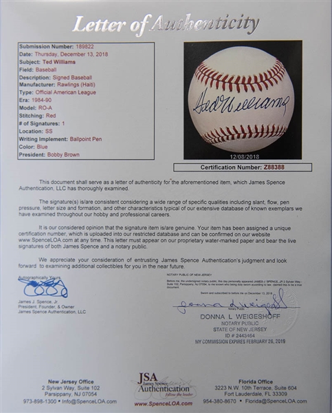 Ted Williams Signed American League Baseball - JSA LOA