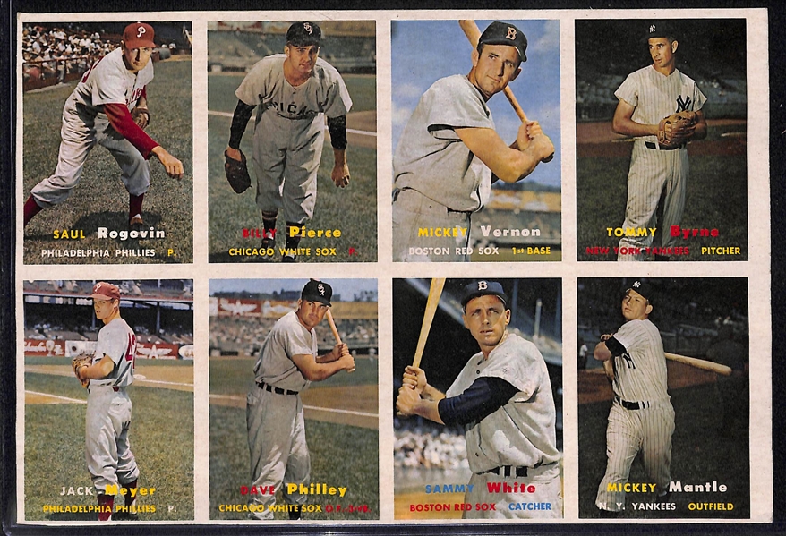 1957 Topps Baseball Partial Uncut Sheet of 8 Cards w. #95 Mickey Mantle - RARE!
