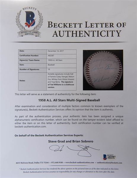 1958 A.L. All Stars Signed Baseball w. N Fox & Stengel - Beckett
