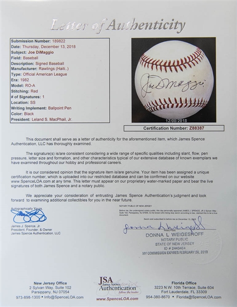 Joe DiMaggio Signed American League Baseball - JSA LOA