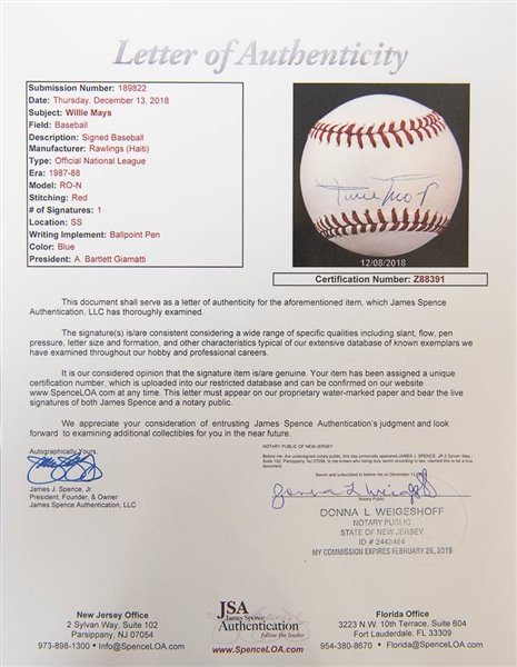 Willie Mays Signed National League Baseball - JSA LOA