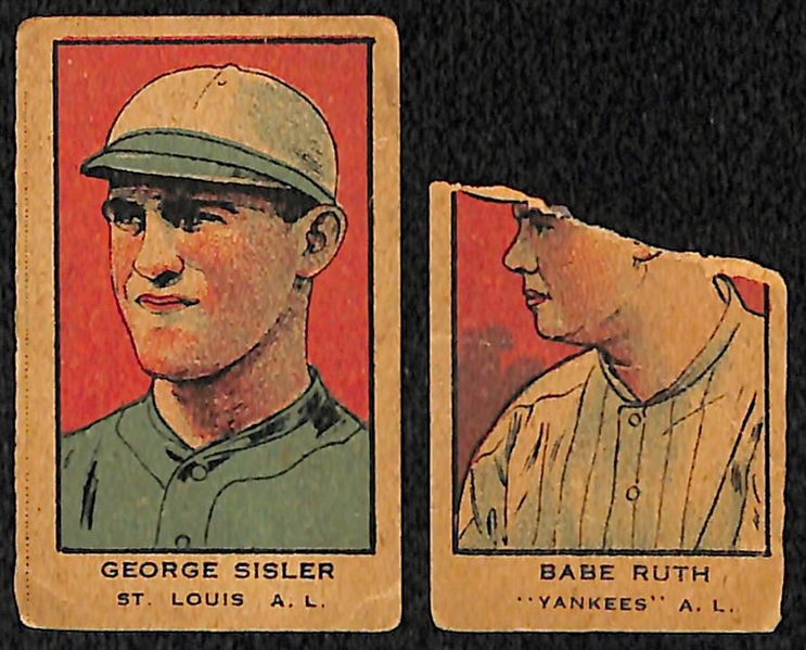 Lot of (2) 1921 W551 HOFer Strip Cards - George Sisler and Babe Ruth (Top of Card Cut Off)