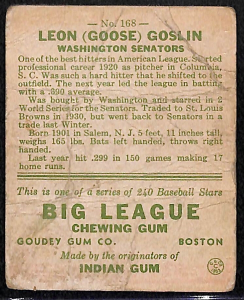 1933 Goudey Goose Goslin (HOF) Card (#168)