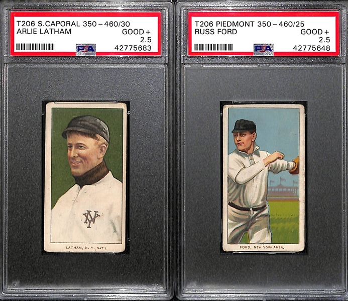 Lot of 2 1909 T206 Cards PSA 2.5 - Arlie Latham Sweet Caporal and Russ Ford Piedmont