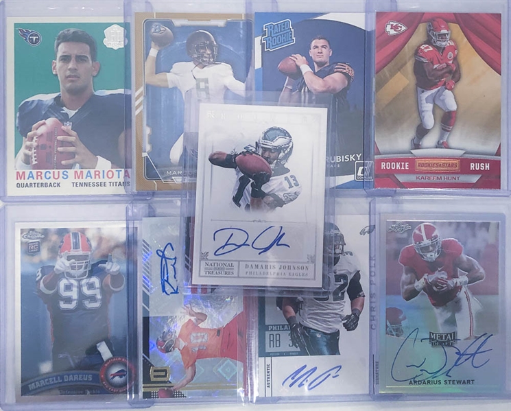 Two Row Box of Mostly Football Rookie Cards w. Carson Wentz, Andrew Luck, Gurley & A. Kamara