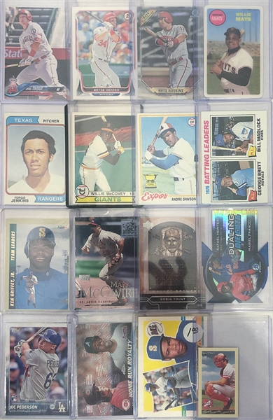 3 Row Box of Baseball Cards - Mostly from the Past 40 Years - w. Mike Trout, Bryce Harper, Willie Mays, & Rhys Hoskins