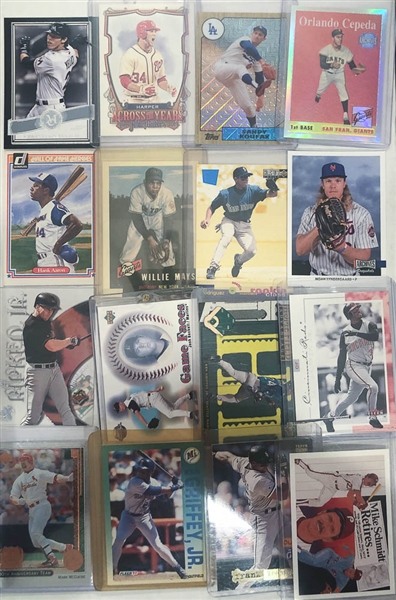 3 Row Box of Baseball Cards - Mostly from the Past 40 Years - w. Bryce Harper, Ken Griffey Jr, Nolan Ryan, Christian Yelich, Cal Ripken