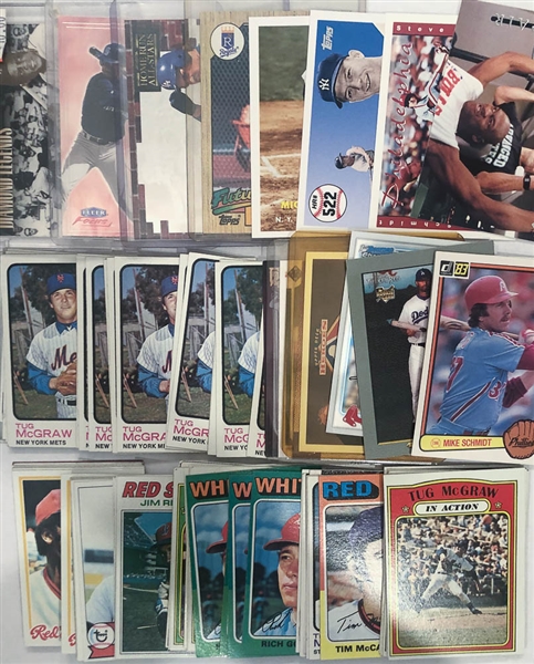 Mixed 4-Row Box Lot of Sports Cards, Packs, Mini Sets from Past 50 years w/ Mantle, Mays, Griffey Jr. Schmidt, M. Jordan, Bo Jackson, +